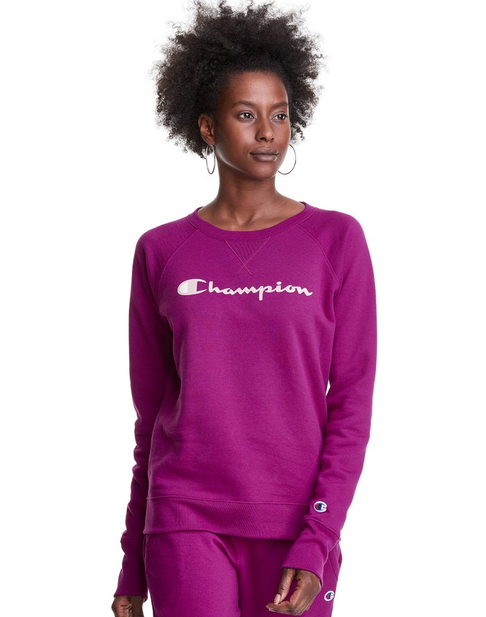 Champion Dame Sweatshirt Lyserød - Powerblend Fleece Classic Crew Script Logo - Danmark NXK-705321